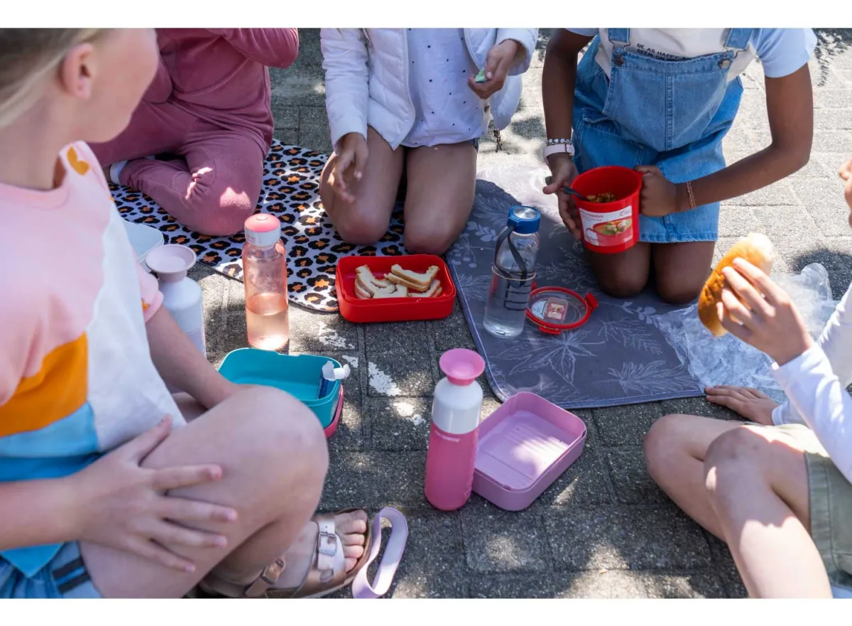 Kinderen picknicken op de speelplaats